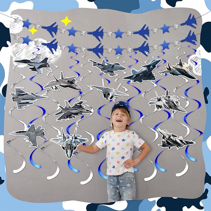 26 Pcs Airplane Party Supplies Air Force Banner Garland Hanging Swirls Fighter Jet Party Decoration for Birthday Retirement Airplane Whirls Ceiling Swirls Streamers Aviation Decoration