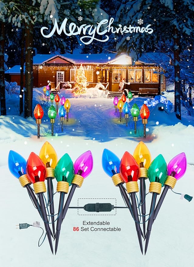 Brightown 4 Pack Jumbo C9 Christmas Pathway Lights Outdoor Decorations Lawn with Stakes,Total 34Ft 20 LED String Lights Covered Jumbo Multicolored Walkway Light Bulb for Holiday Outside Yard Decor