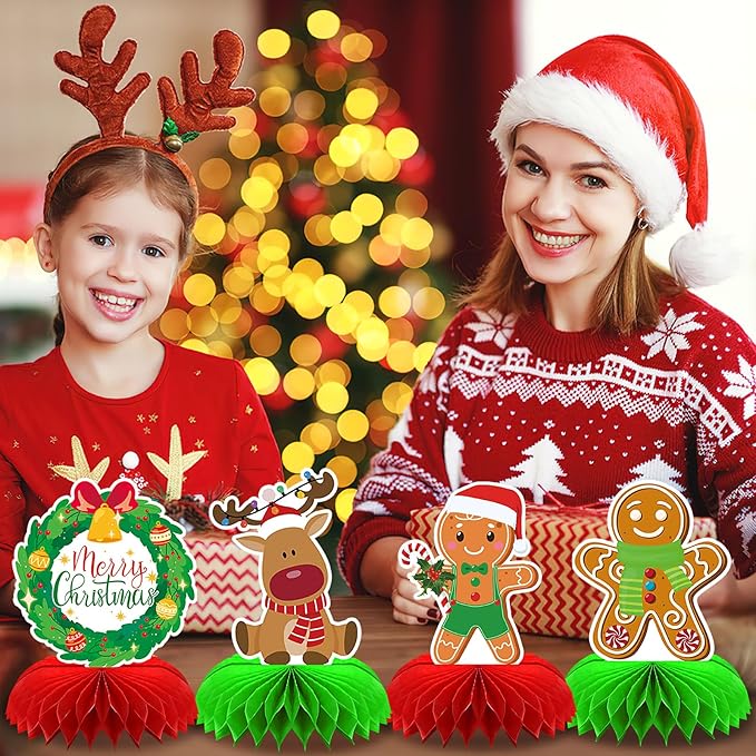10 Pieces Christmas Honeycomb Centerpiece, Gingerbread Man Snowman Santa Honeycomb Centerpieces Christmas Party Birthday Home Table Toppers Double Sided Decorations