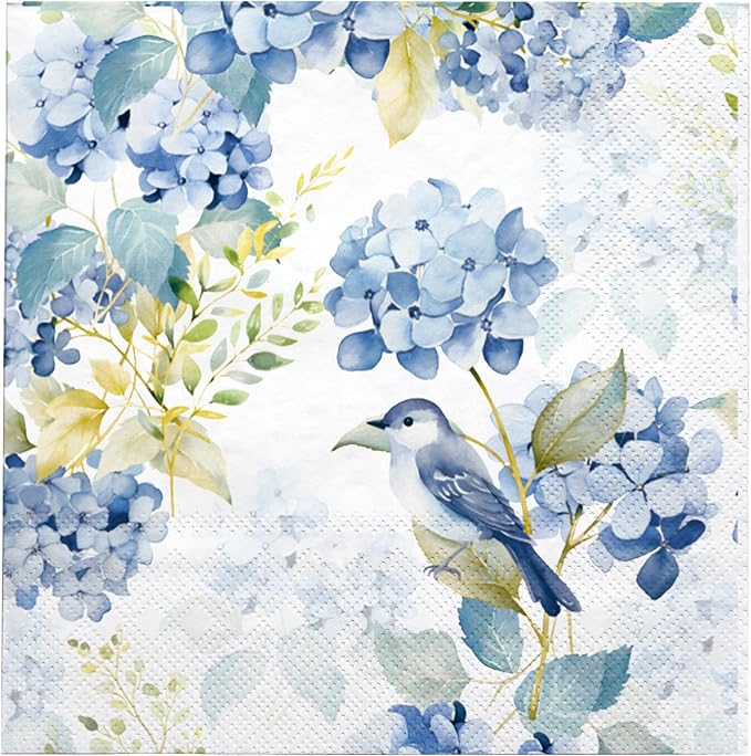 LeZakaa 25Pcs Hydrangea Guest Napkin, 3-Ply Floral Cocktail Beverage Bar Square Disposable Napkins Hand Towels for Wedding Engagement Bridal Shower Birthday, Tableware Party Supplies, 5 x 5 In