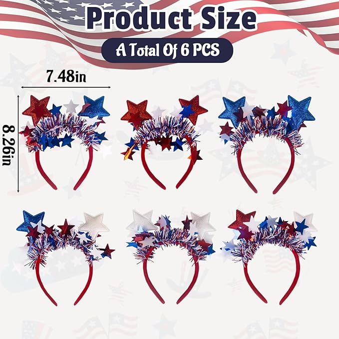6Pcs 4th of July USA Headbands, American Patriotic Head Boppers Decoration Accessories, Independence Day, Memorial Day, Party Decor