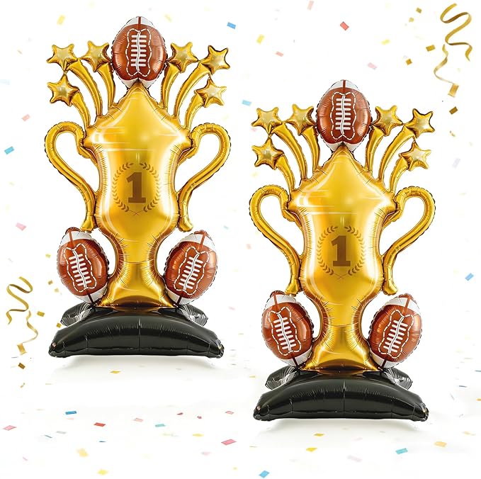2-Piece Football Party Decoration Set - 5 ft Large Self Standing Football Foil Balloons, Suitable for Game Day Celebrations and Sports Themed Party Decorations (Trophy)