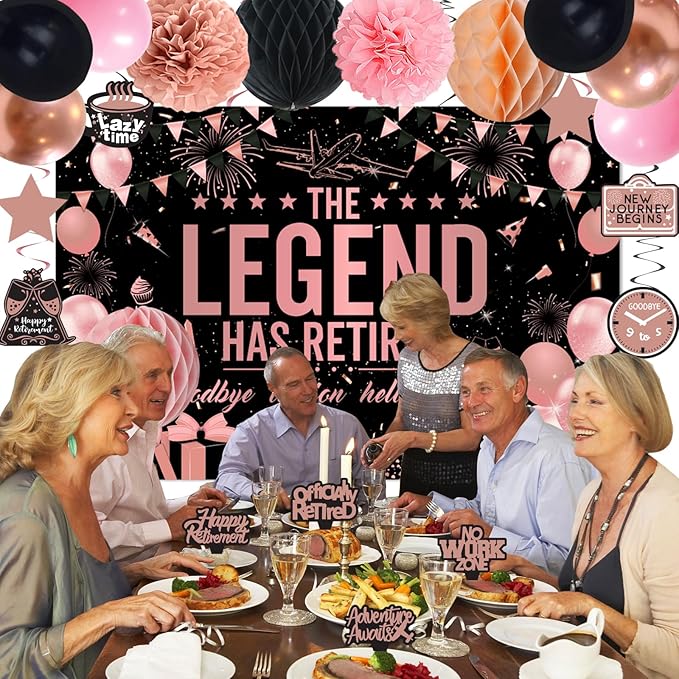 Retirement Party Decorations Women, Rose Gold Black Happy Retirement Decorations Female, Happy RetIrement Banner, Retired Backdrop, Balloons, Pompom, Hanging Swirl, Retired Card, Cake Topper 54pcs