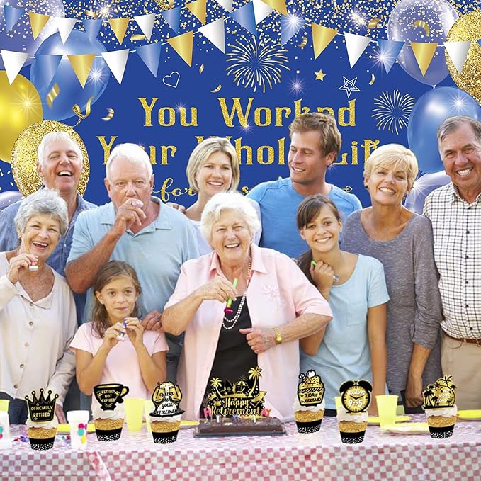 Blue Gold You Worked Your Whole Life for This Party Banner Backdrop Photography Background Hanging Happy Retirement Party Decoration for Colleagues Farewell Accessories Supplies 72.8 * 43.3in