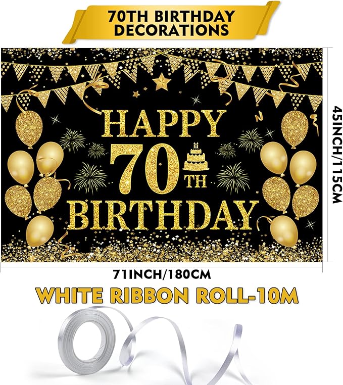 70th Birthday Decorations Happy 70th Birthday Banner for Men Women Black Gold 70 Years Birthday Party Decorations Background for Home Birthday Decor(71 x 45 inch)