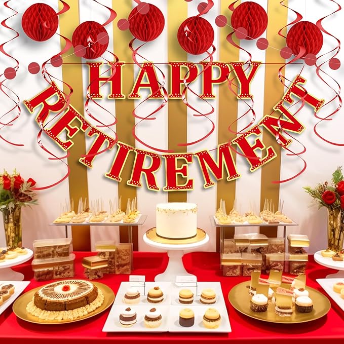 Retirement Party Decorations Kit for Women - 16-Piece Elegant Red Set with Pre-Strung Banner, Honeycomb Balls, Swirls & Garland | Instant Setup Party Decor | Retirement Gifts & Supplies