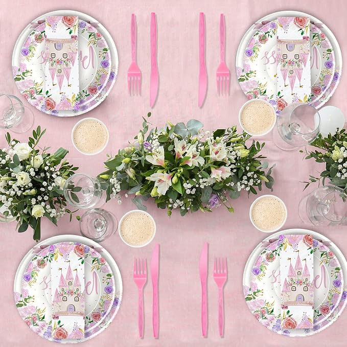 Princess Party Decorations Tableware - Princess Birthday Party Supplies Include Plates, Cups, Napkins, Tablecloth, Cutlery, Straw, Girl Birthday Baby Shower Party Decorations | Serve 24