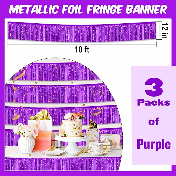 3 Pack 10 Ft Purple Foil Fringe Garland Metallic Streamers Tinsel Banner Wall Hanging Garland Backdrop for Parade Floats, Halloween, Christmas, Thanksgiving, New Year Party Decorations
