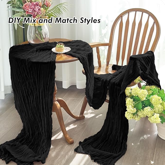 IVAPUPU 6 Pcs Cheesecloth Table Runner - 10ft Black Easter Spring Boho Gauze Black Cheese Cloth Table Runners for Indoor Baby Shower Decoration Wedding Party Garden Decor