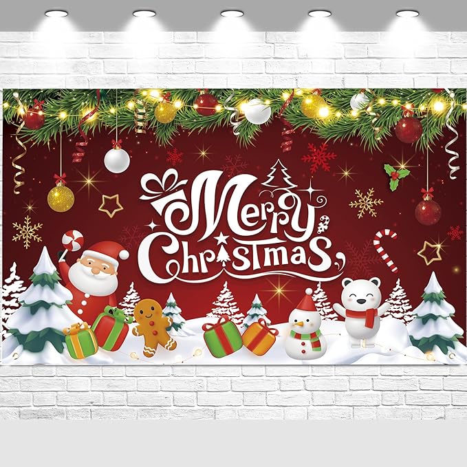 Red Green Gold Merry Christmas Backdrop Banner Photography Background for Home Garden Outdoor Wall Xmas Christmas New Year Party Decorations Supplies 72.8 * 43.3in