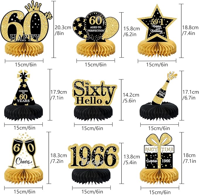 9 Pcs 60th Birthday Decorations Honeycomb Centerpieces for Women Men, Black Gold 1966 Aged to Perfection Vintage Centerpieces for Tables Toppers,Sixty Years Party Decorations Supplies