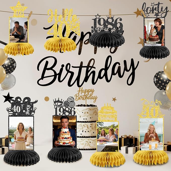 8Pcs 40th Birthday Decoration for Men Women Happy 40th Birthday Table Decorations Cheers to 40th Honeycomb Centerpieces Birthday Party Decorations Black and Gold 40th Birthday Party Favors