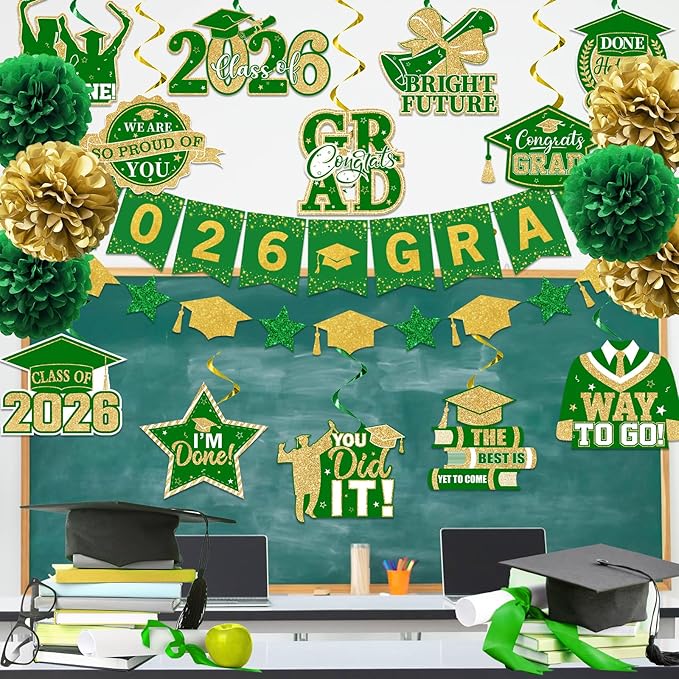 Green and Gold Graduation Decorations, 2026 Grad Banner and Congrats Grad Hanging Swirls, Green and Gold Graduation Banner Graduations Hanging Swirl College Graduations Party Decorations Class of 2026