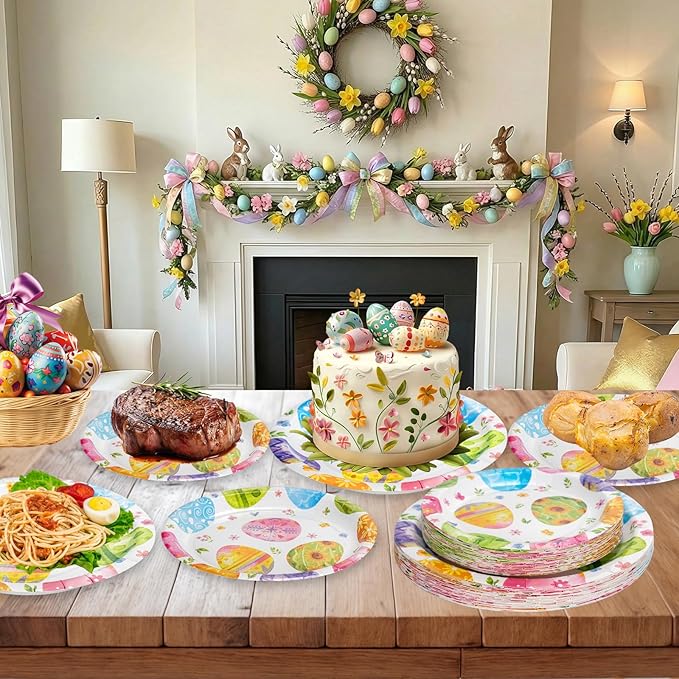 24 Pcs Easter Plates Set - Watercolor Happy Easter Eggs Paper Plate, Disposable Spring Colorful Round Dinner Dessert Plates Tableware for Easters Day Party Supplies Favors Table Decorations