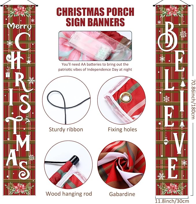 Mixweer 2 Pcs Lighted Christmas Hanging Banner Porch Sign Outdoor Decorations Merry Christmas Believe Yard Sign Red Green Buffalo Plaid Snowflake Porch Banner Xmas Holiday Door Garden Signs