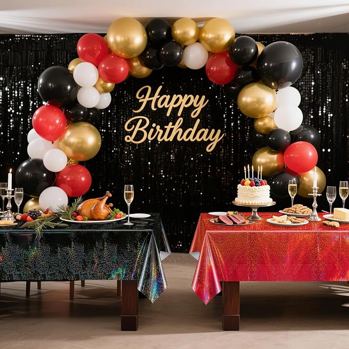 4Pcs Red and Black Holographic Tablecloths Rectangular Black Iridescent Tablecloth Shimmer Metallic Red Table Covers for Halloween Retirement Family Gatherings Christmas Party Supplies, 54 x 108Inch