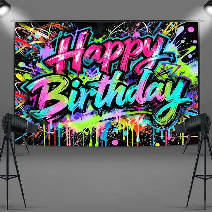 Imirell Graffiti Happy Birthday Backdrop 7Wx5H Feet Colorful Painting Splatter Neon Glow in The Dark Polyester Fabric Modern Celebrate Party Photography Backgrounds Photo Shoot Decor Props Decoration