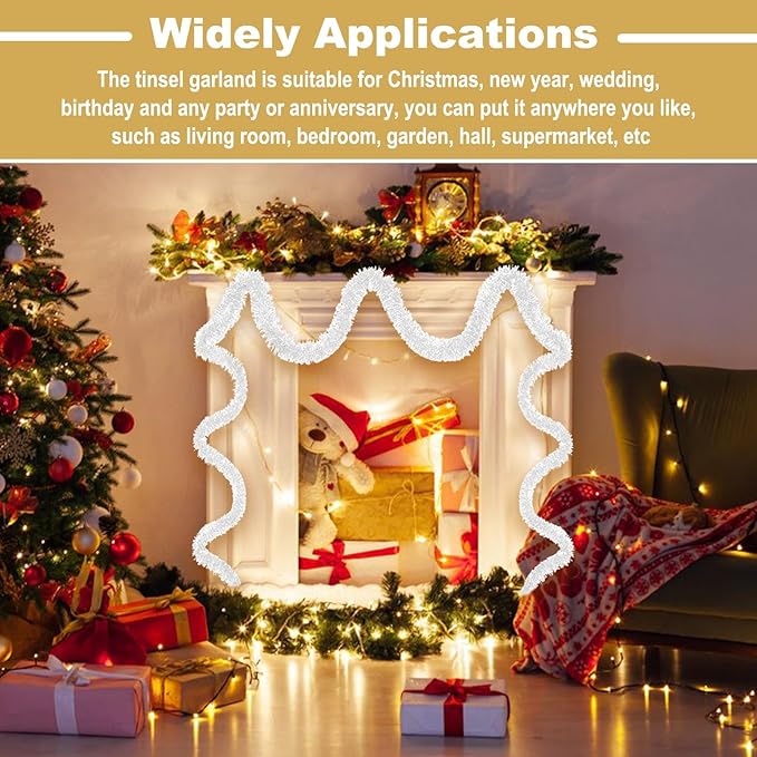 25 Feet Christmas Tinsel Garland, Metallic Twist Garland Wall Hanging Tinsel Garland Backdrop for Parade Floats, Carnival, Birthday, Wedding, New Year Party Decorations (Macaron White, 4in x 25ft)