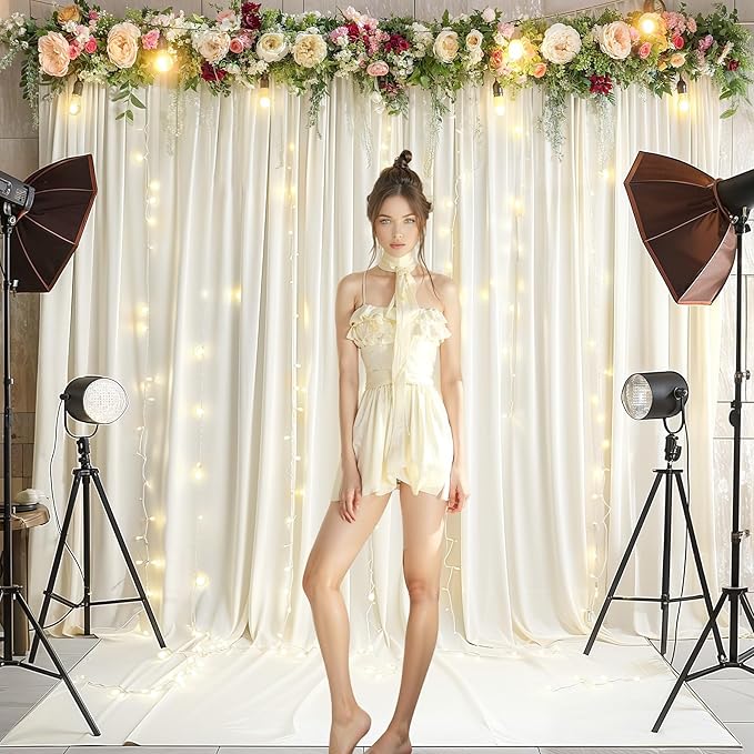 Cream White Backdrop Curtains with Lights for Wedding Parties,10x10FT Wrinkle Free Photo Backdrop Curtains Fabric Drapes for Baby Shower Ceremony Photography Photoshoot Decorations-5ft x 10ft 2 Panels