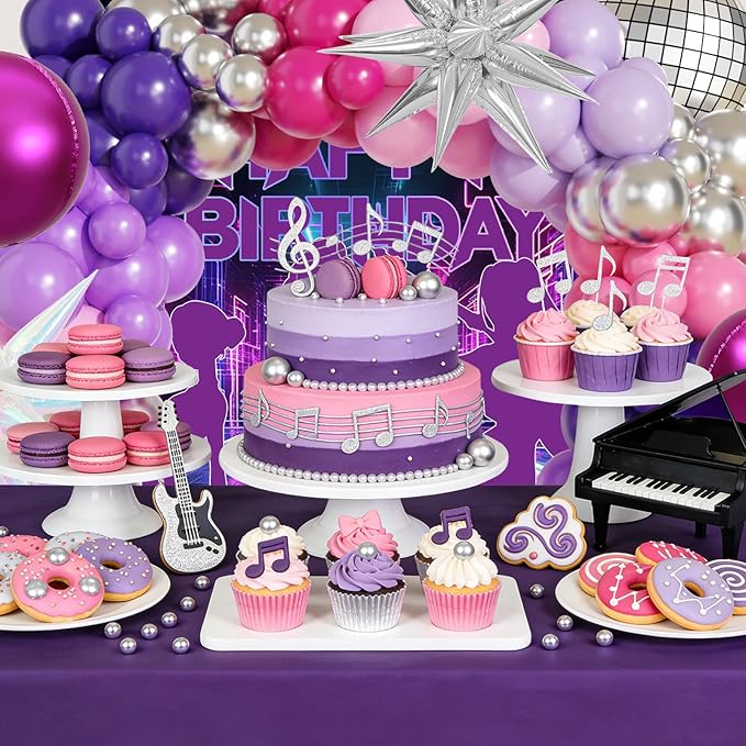 JOGAMS 172Pcs K-Pop Music Balloon Arch Kit, Metallic Silver Purple Pink Balloons Garland with Iridescent Star Disco Foils Balloons for Concert-Style Birthday Idol Showcase Fan Support Party Decor