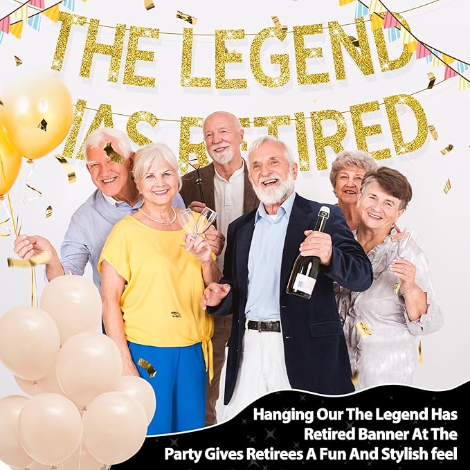 The Legend Has Retired Banner Gold Glitter Pre-Strung No DIY Retirement Banner Decorations for Men Women Retirement Party Supplie(Gold)