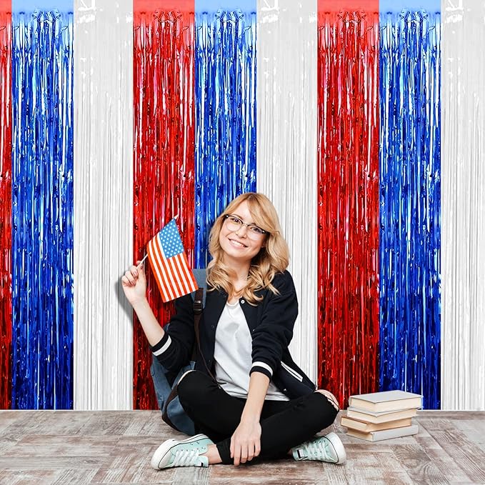 4 Pack 3.2Ft x 9.8Ft Foil Fringe Curtain Backdrop, Red Blue White Metallic Tinsel Foil Fringe Streamers Curtains Background for Photo Booth, Birthday, Wedding, Independence Day Party Decoration