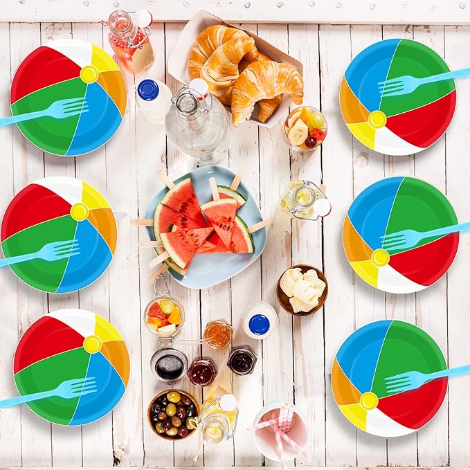 Wiooffen 48pcs Beach Ball Party Paper Plates Supplies 7" Summer Pool Ball Party Tableware Beach Birthday Party Favors Baby Showers Holidays Decorations