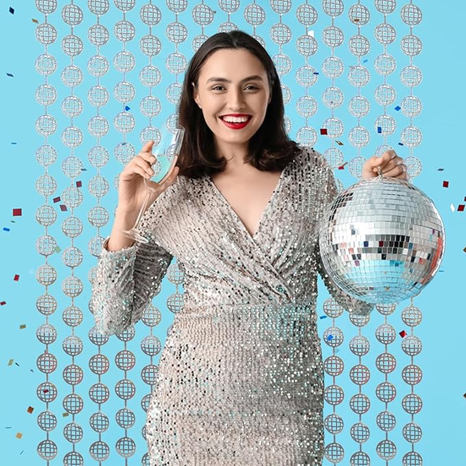BRAVESHINE Disco Hanging Balls Fringe Backdrop - 2 Pack Silver Tinsel Foil Curtains Streamers for Christmas/70s/80s/90s/Birthdays/Bachelorette/Engagement/Music/Dance/Decades/Disco Party Decorations