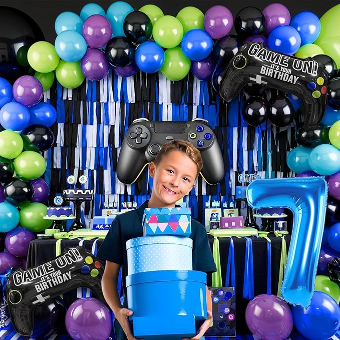 7th Birthday Video Game Balloons Arch, 7th Party Balloons Garland Kit 7th Birthday Supplies with Blue Number 7 Balloon Game Foil Balloons for 7 Year Old Teens Boys Decor