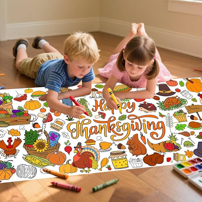 Thanksgiving Giant Coloring Poster,33.8 x 72 Inches Fall Jumbo Paper Tablecloth DIY Art Crafts Mat Turkey Pumpkin Poster Parties for Parent-Child Interaction Autumn Themed Wall Home Classroom Suppiles