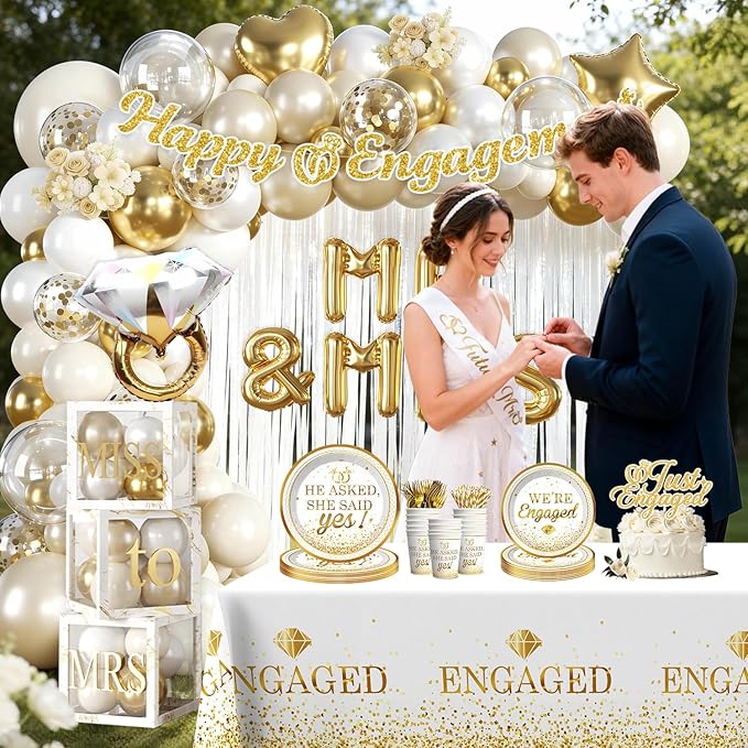 287Pcs Engagement Party Decorations, All-in-one Happy Engagement Decorations with 25 Serves Disposable Plates, 2 Pcs Waterproof Engaged Tablecloth Wedding Proposal Decorations Party Decor
