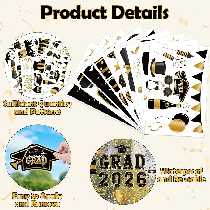 108 PCS Graduation Window Clings, 9 Sheets Black Gold Graduation Decorations, Double-Sided Congrats Grad Decorations for Windows with Caps Gowns Balloons, Grad Stickers for School Home Decor