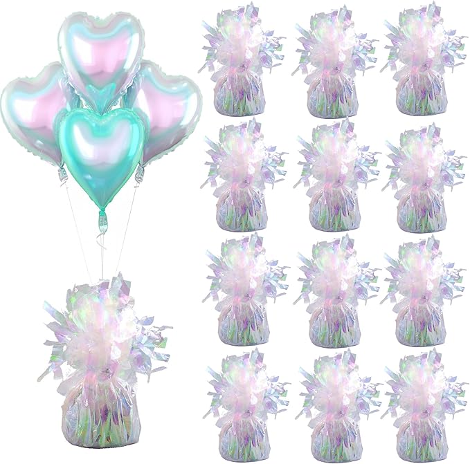 Aluminum Foil Balloon Weights for Parties (12 pcs) - 0.31lb (140g) Each - Premium Balloon Anchors for Birthday, Wedding, Dinner, Indoor & Outdoor Decorations(Lridescent 12pcs)