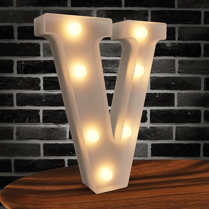 Light Up Letters Marquee Sign, 26 Alphabet LED Lights, White Plastic Night Lights for Engagement Party Wedding, Baby Shower, Birthday (Letter V)