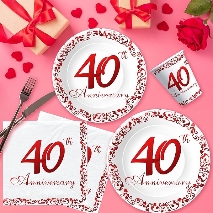 APOWBLS 40th Anniversary Plates And Cups Party Supplies - Ruby 40th Wedding Anniversary Decorations Dinnerware, Dinner Plate, Dessert Plates, Cups, Napkins | Serves 24