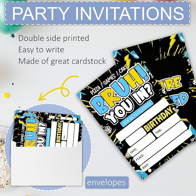 Bruh You In Birthday Invitation, You're Invited Party Invitation Cards for Teen Boys, 4 x 6 Double Sided 20 Count with Envelopes Party Supplies, Fill in Blank