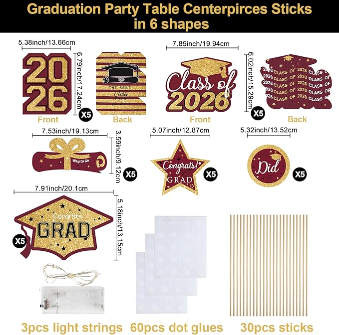 OuMuaMua Graduation Decorations Class of 2026-30pcs Maroon Gold Graduation Table Centerpieces Sticks Table Toppers with Lights for College High School Congrats Grad Party Supplies