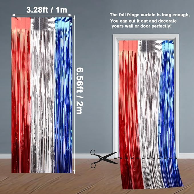 July 4th Party Decorations, Curtain Tinsel Streamers Birthday Decoration, Blue Silver Red Backdrops for Independence Day, Colourful Photo Props for 2025 Graduation Decoration, 2Pack 3.28X6.56Ft