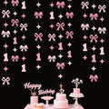 Pink Bow One Birthday Decorations Pink Glitter Paper Star Bow 1st Hanging Garland Streamer Banner for Happy First Birthday Baby Girl Bday Decor or 1st Anniversary Party Decorations Supplies
