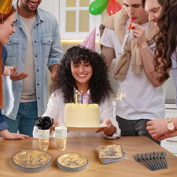 Kochorie 144 Pieces Pirate Party Supplies, Treasure Map Tableware Sets Including Disposable Paper Plates Napkins Cups Forks Serves 24 for Treasure Theme Birthday Party Decorations