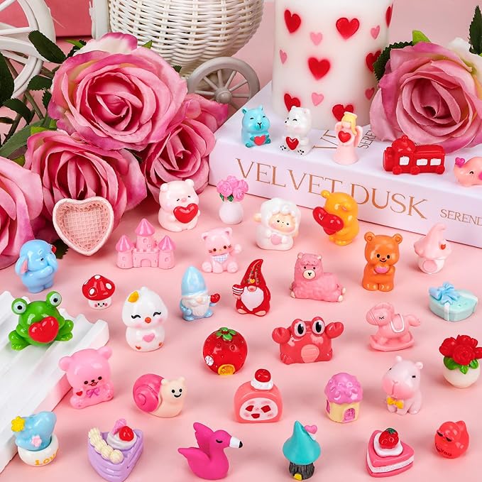 56Pcs Valentine's Day Miniature Figurines 56 Style Valentines Mini Small Resin Figurines with Love Heart Animals and Little Ducks for Valentines Party Gifts Dollhouse Fairy Garden Landscape Home Decor