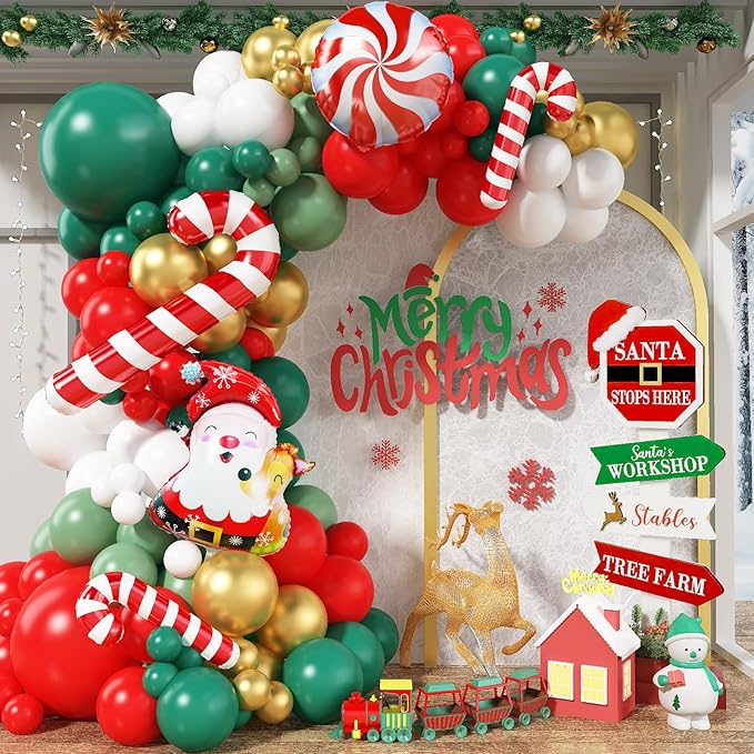 Christmas Balloon Arch 121pcs, Red Green White Gold Xmas Balloons Garland Kit with Foil Candy Cane Santa claus Peppermint Balloon for Merry Christmas Party New Year Holiday Birthday Decorations