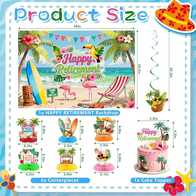 Luau Hawaiian Retirement Party Decorations Tropical Happy Retirement Banner Backdrop with Honeycomb Pom Poms Centerpieces Hanging Swirls Beach Summer Retirement Party Supplies