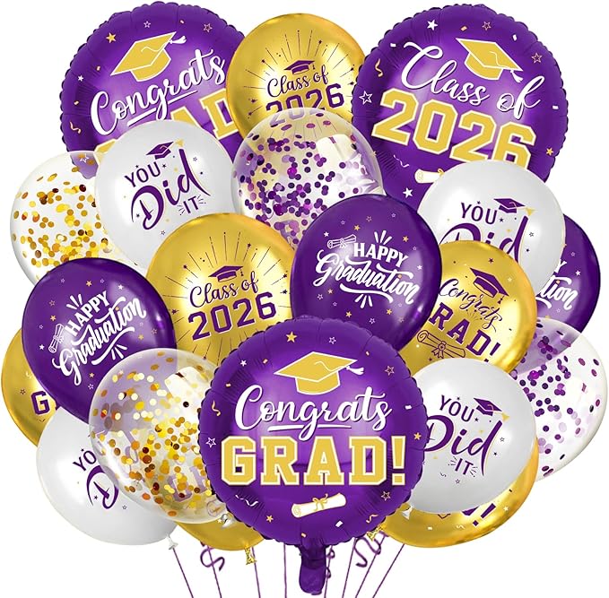 Purple and Gold Graduation Balloons Graduation Decorations 2026, 51Pcs Grad Latex Balloons and Grad Foil Balloon with Confetti Ribbons Grad Party Decorations for College High School