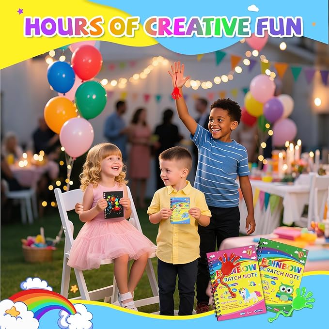 48*3 Packs Scratch Art Notebook+Sticky Hands+Stickers,Easter Party Favors for Kids 4-8-12,Return Gifts for Birthday Party Bulk Toys,Goodie Bags Stuffers, Classroom Prizes Students Gifts