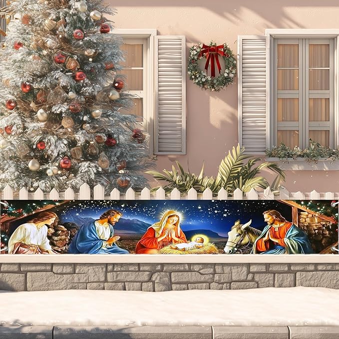 Nativity Scene Decorations Banner Polyester Fabric Holy Family Manger Design for Indoor Outdoor Garden Fence Banner Party Outdoor Porch sign 118x20 Inch Supplies Banners