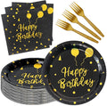 75 Pcs Happy Birthday Paper Plates,Serves 25 Guests Black Gold Plates and Napkins with Gold Forks,Disposable Paper Tableware Set for Birthday Party Decorations
