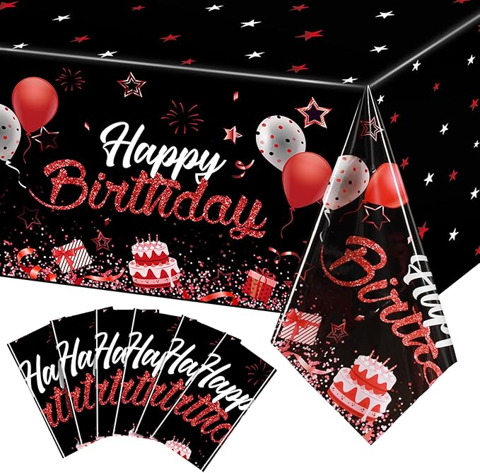 Breling Birthday Party Supplies Confetti Sprinkles Happy Birthday Tablecloths Starry Table Covers for Party Decorations, 54 x 108 Inches(Red and Silver,6 Pack)