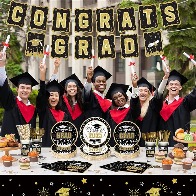 Graduation Party Supplies Congrats Grad Decorations Class of 2025, Disposable Plates and Napkins with Banner Tablecloth Cups Dinnerware Sets for Graduation Decor, Serves 24 (Black and Gold)