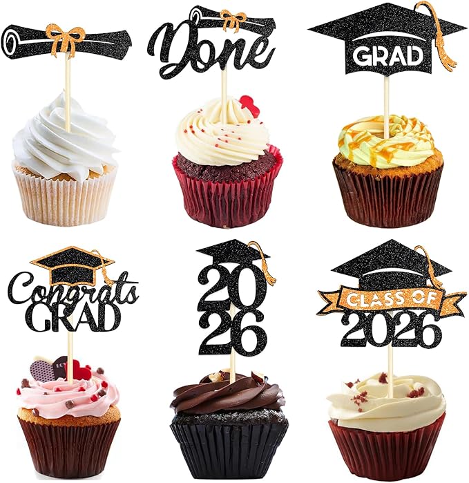 24 Pack 2026 Congrats Grad Cupcake Toppers Set, Graduation Cupcake Decor, Class of 2026 Cupcake Picks for Senior High School College Grad Party Decorations Supplies(Black with Orange) A